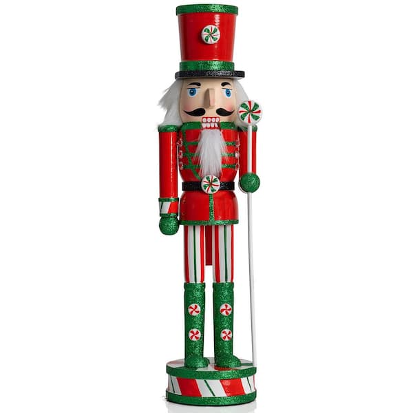 ORNATIVITY 15 in. Wooden Peppermint Christmas Nutcracker -Red, White and Green Glitter Candy Holiday Nutcracker Toy Soldier OR-170