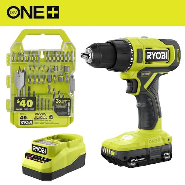 RYOBI ONE+ 18V Cordless 1/2 in. Drill/Driver Kit with 1.5 Ah Battery, Charger, and Drill and Impact Drive Kit (40-Piece) PCL206K1-A98401