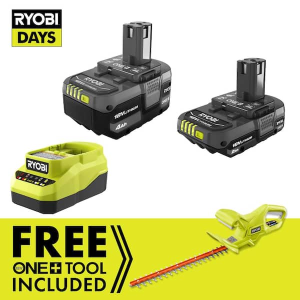 RYOBI ONE+ 18V Lithium-Ion Starter Kit with 2.0 Ah Battery, 4.0 Ah Battery, Charger, and FREE ONE+ 18” Cordless Hedge Trimmer PSK106SB-P2607BTL