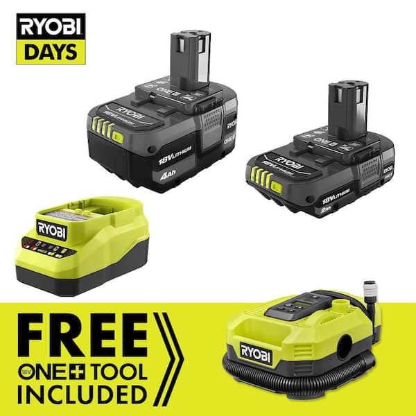 RYOBI ONE+ 18V Lithium-Ion Starter Kit with 2.0 Ah Battery, 4.0 Ah Battery, Charger and FREE ONE+ 18V Cordless Inflator PSK106SB-PCL031B