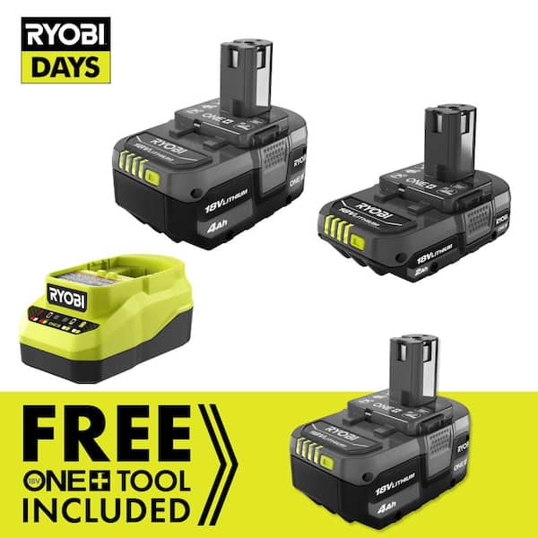 RYOBI ONE+ 18V Starter Kit with (2) 4.0 Ah Lithium-Ion Batteries, (1) 2.0 Ah Lithium-Ion Battery, and Charger PSK116SB