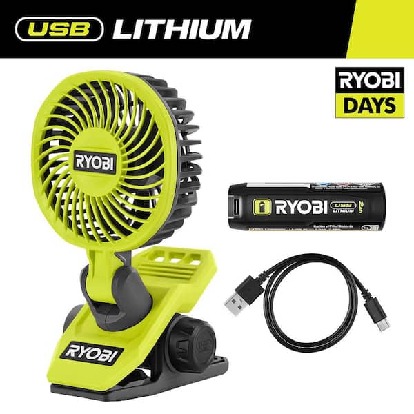 RYOBI USB Lithium Clamp Fan Kit with 2.0 Ah USB Lithium Battery and Charging Cable FVF51K